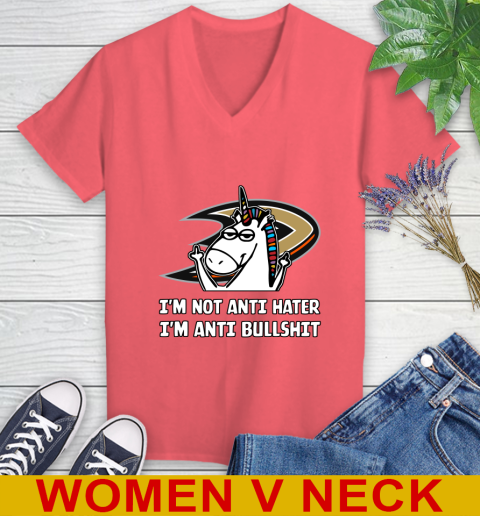 Anaheim Ducks NHL Hockey Unicorn I'm Not Anti Hater I'm Anti Bullshit Women's V-Neck T-Shirt 7