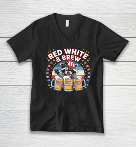 Funny Raccoon red white and brew Independence Day 4th of July V-Neck T-Shirt