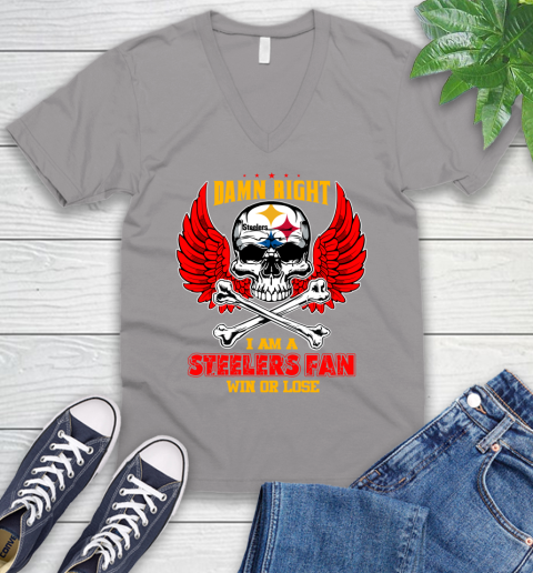 NFL Damn Right I Am A Pittsburgh Steelers Win Or Lose Skull Football Sports V-Neck T-Shirt 3