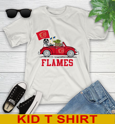 NHL Hockey Calgary Flames Darth Vader Baby Yoda Driving Star Wars Shirt Youth T-Shirt 12