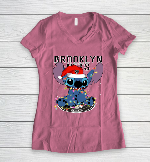 Brooklyn Nets NBA noel stitch Basketball Christmas Women's V-Neck T-Shirt 7