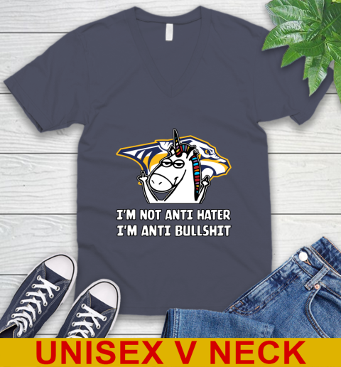 Nashville Predators NHL Hockey Unicorn I'm Not Anti Hater I'm Anti Bullshit V-Neck T-Shirt 8