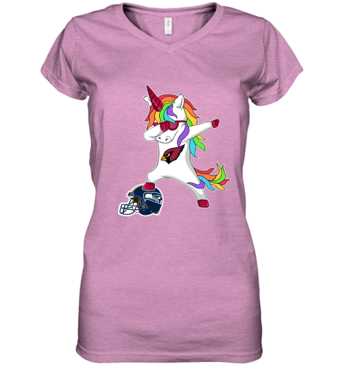 wrl1 football dabbing unicorn steps on helmet arizona cardinals women v neck t shirt 39 front heather radiant orchid