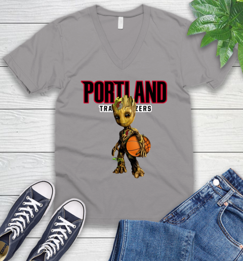 Portland Trail Blazers NBA Basketball Groot Marvel Guardians Of The Galaxy V-Neck T-Shirt 4