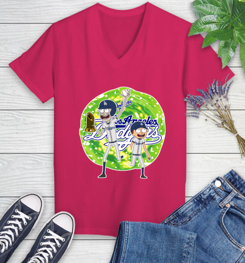 MLB Los Angeles Dodgers Rick And Morty Commissioner's Trophy Baseball Sports Women's V-Neck T-Shirt 9