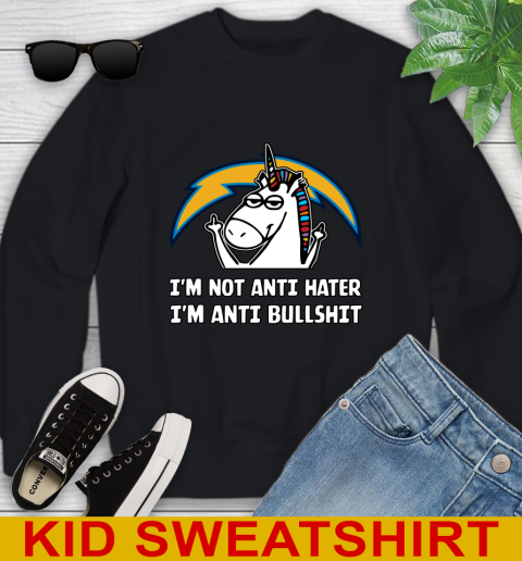 Los Angeles Chargers NFL Football Unicorn I'm Not Anti Hater I'm Anti Bullshit Youth Sweatshirt 2