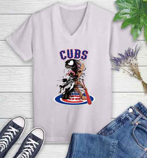 MLB Chicago Cubs Baseball Venom Groot Guardians Of The Galaxy Women's V-Neck T-Shirt
