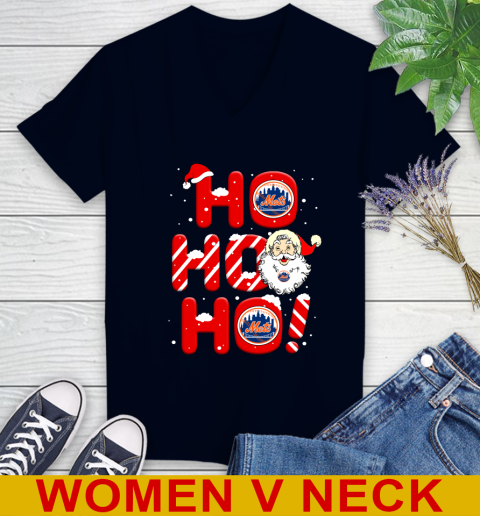 New York Mets MLB Baseball Ho Ho Ho Santa Claus Merry Christmas Shirt Women's V-Neck T-Shirt 2