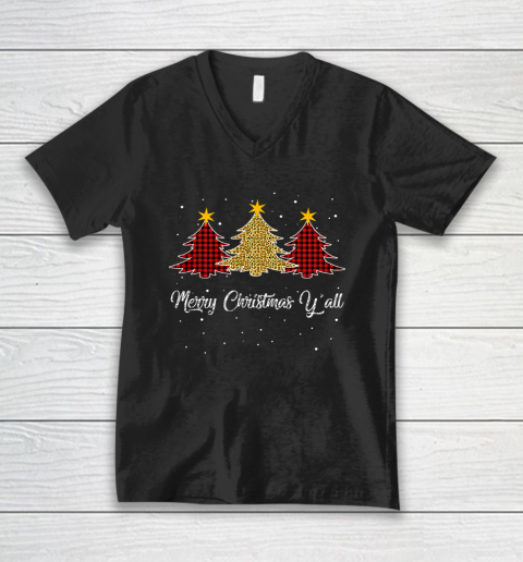 Ki Merry Christmas Y all Leopard Plaid Xmas Tree Gifts V-Neck T-Shirt