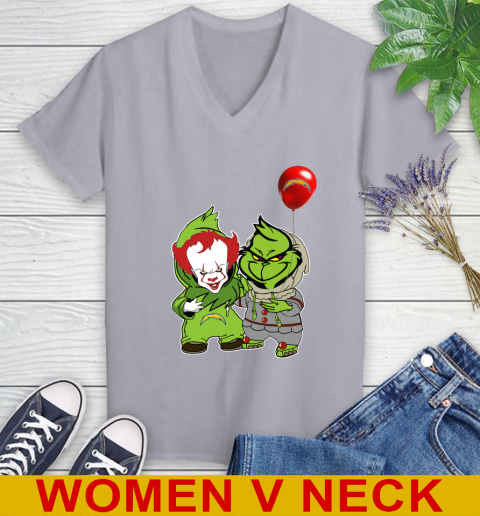 Los Angeles Chargers Baby Pennywise Grinch Christmas NFL Football Women's V-Neck T-Shirt 5