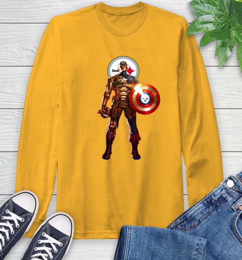 NFL Captain America Marvel Avengers Endgame Football Sports Pittsburgh Steelers Long Sleeve T-Shirt 3