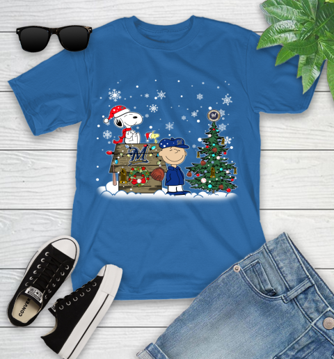 MLB Milwaukee Brewers Snoopy Charlie Brown Christmas Baseball Commissioner's Trophy Youth T-Shirt 12
