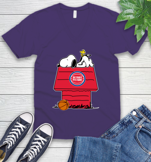 Detroit Pistons NBA Basketball Snoopy Woodstock The Peanuts Movie V-Neck T-Shirt 10