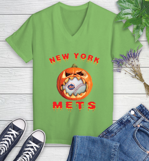 MLB New York Mets Halloween Pumpkin Baseball Sports Women's V-Neck T-Shirt 11