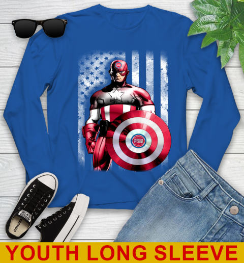 Detroit Pistons NBA Basketball Captain America Marvel Avengers American Flag Shirt Youth Long Sleeve 10