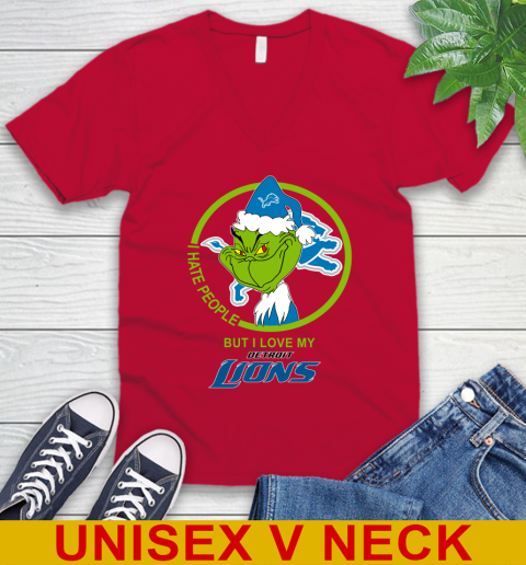 Detroit Lions NFL Christmas Grinch I Hate People But I Love My Favorite Football Team V-Neck T-Shirt 7