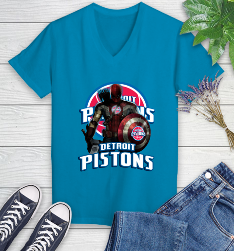 Detroit Pistons NBA Basketball Captain America Thor Spider Man Hawkeye Avengers Women's V-Neck T-Shirt 7