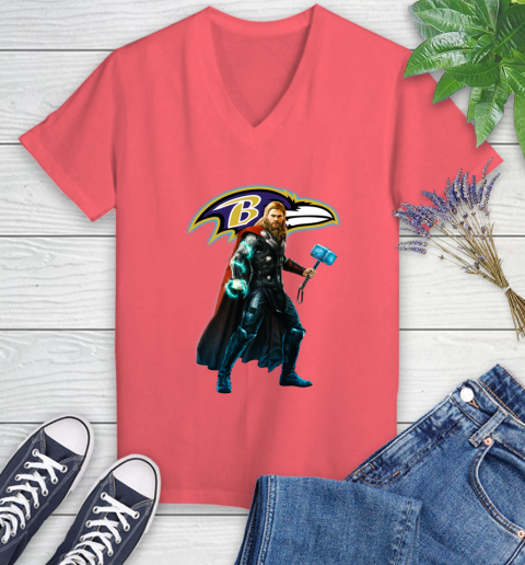 NFL Thor Avengers Endgame Football Baltimore Ravens Women's V-Neck T-Shirt 6