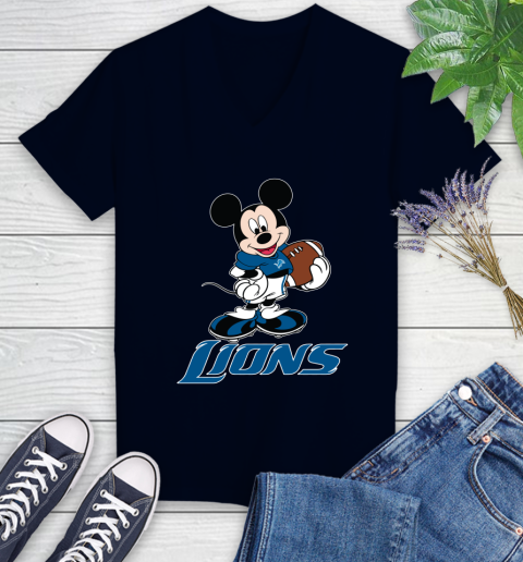 NFL Football Detroit Lions Cheerful Mickey Mouse Shirt Women's V-Neck T-Shirt 3