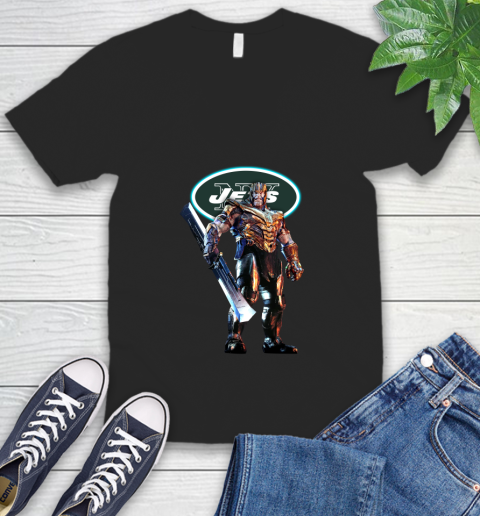 NFL Thanos Gauntlet Avengers Endgame Football New York Jets V-Neck T-Shirt 2
