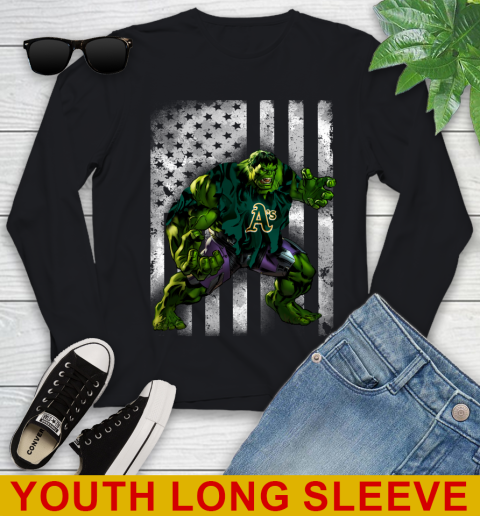 Oakland Athletics Hulk Marvel Avengers MLB Baseball American Flag Youth Long Sleeve