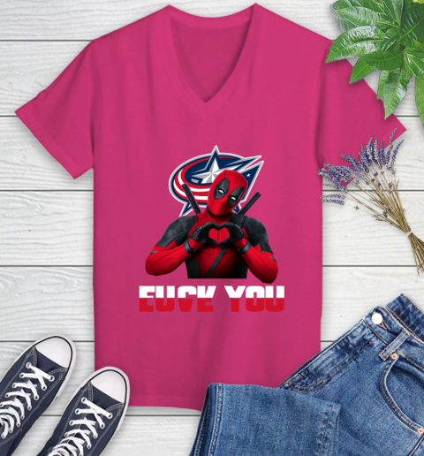 NHL Columbus Blue Jackets Deadpool Love You Fuck You Hockey Sports Women's V-Neck T-Shirt 9
