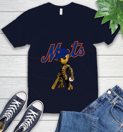 MLB New York Mets Groot Guardians Of The Galaxy Baseball V-Neck T-Shirt 3