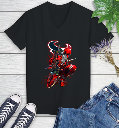 NFL Deadpool Marvel Comics Sports Football Houston Texans Women's V-Neck T-Shirt 2