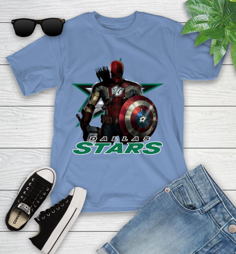 NHL Captain America Thor Spider Man Hawkeye Avengers Endgame Hockey Dallas Stars Youth T-Shirt 11