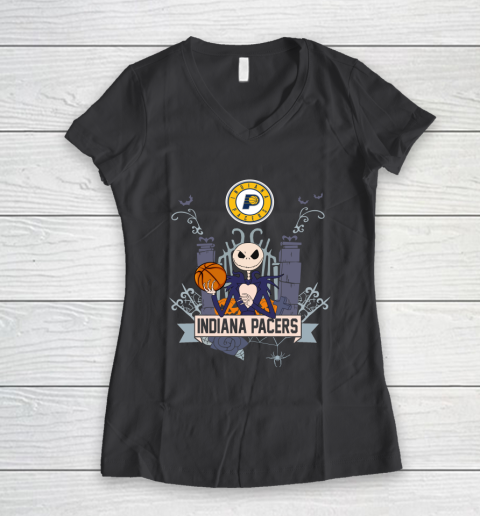 NBA Indiana Pacers Basketball Jack Skellington Halloween Women's V-Neck T-Shirt 6