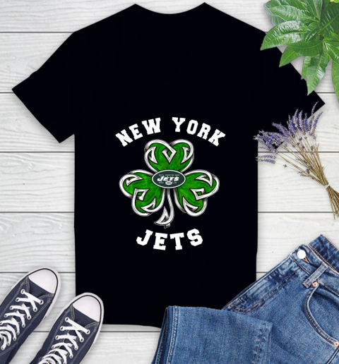 NFL New York Jets Three Leaf Clover St Patrick's Day Football Sports Women's V-Neck T-Shirt