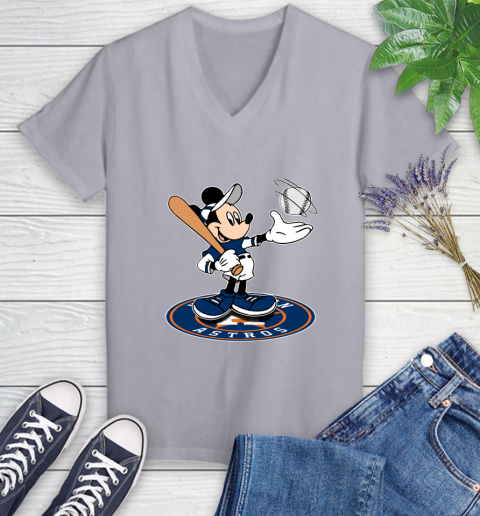 MLB Baseball Houston Astros Cheerful Mickey Disney Shirt Women's V-Neck T-Shirt 4