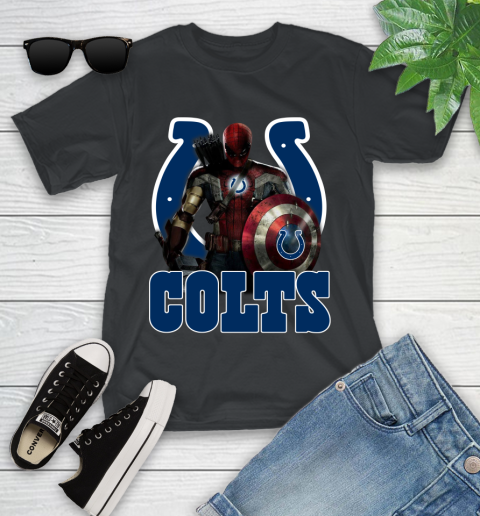 NFL Captain America Thor Spider Man Hawkeye Avengers Endgame Football Indianapolis Colts Youth T-Shirt 2