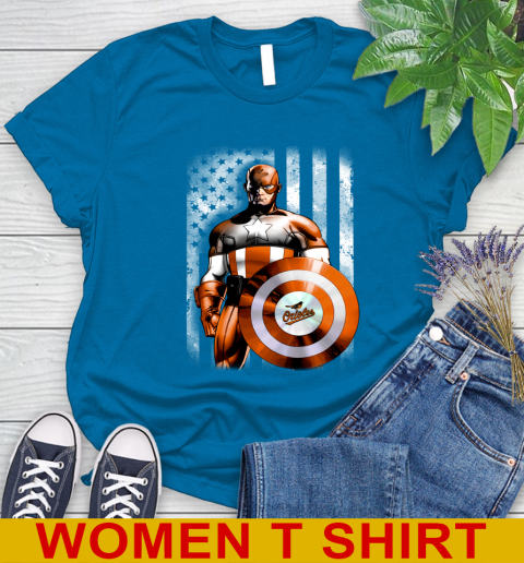 Baltimore Orioles MLB Baseball Captain America Marvel Avengers American Flag Shirt Women's T-Shirt 8