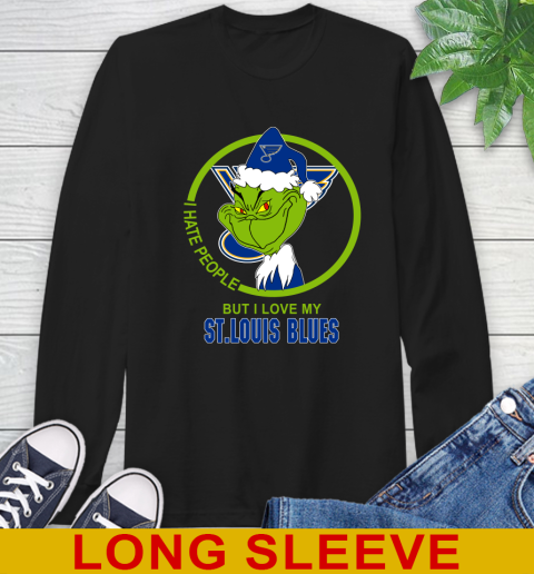 St.Louis Blues NHL Christmas Grinch I Hate People But I Love My Favorite Hockey Team Long Sleeve T-Shirt 2