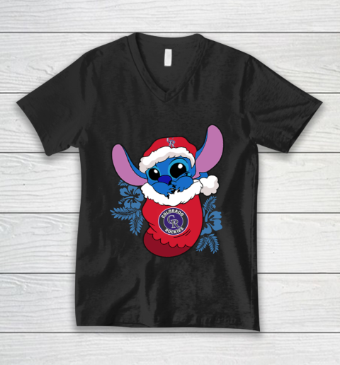 Colorado Rockies Christmas Stitch In The Sock Funny Disney MLB V-Neck T-Shirt
