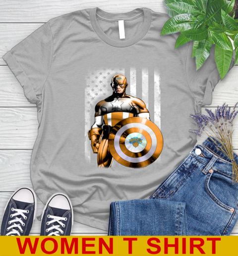 New York Knicks NBA Basketball Captain America Marvel Avengers American Flag Shirt Women's T-Shirt 5