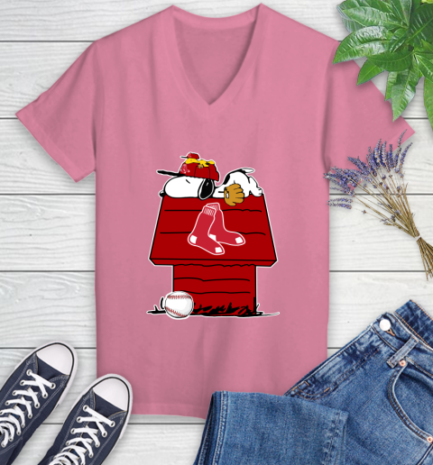 MLB Boston Red Sox Snoopy Woodstock The Peanuts Movie Baseball T Shirt Women's V-Neck T-Shirt 13