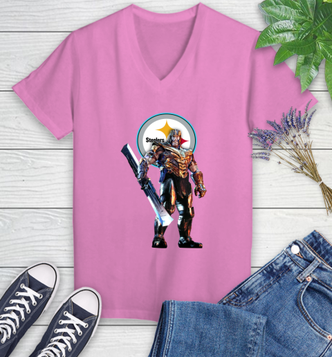 NFL Thanos Gauntlet Avengers Endgame Football Pittsburgh Steelers Women's V-Neck T-Shirt 14