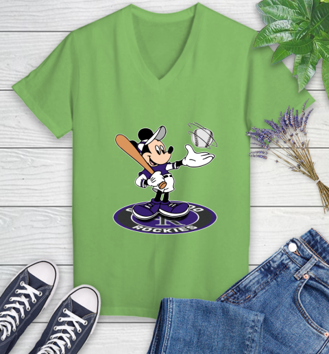 MLB Baseball Colorado Rockies Cheerful Mickey Disney Shirt Women's V-Neck T-Shirt 9