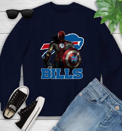 NFL Captain America Thor Spider Man Hawkeye Avengers Endgame Football Buffalo Bills Youth Sweatshirt 3