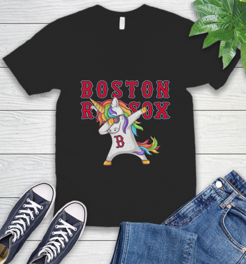 Boston Red Sox MLB Baseball Funny Unicorn Dabbing Sports V-Neck T-Shirt 2