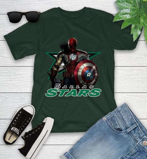 NHL Captain America Thor Spider Man Hawkeye Avengers Endgame Hockey Dallas Stars Youth T-Shirt 5