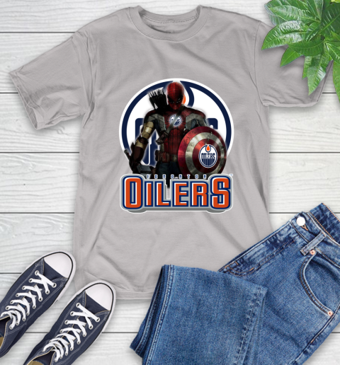 NHL Captain America Thor Spider Man Hawkeye Avengers Endgame Hockey Edmonton Oilers T-Shirt 12
