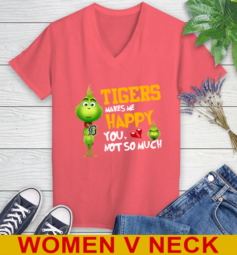 MLB Detroit Tigers Makes Me Happy You Not So Much Grinch Baseball Sports Women's V-Neck T-Shirt 6