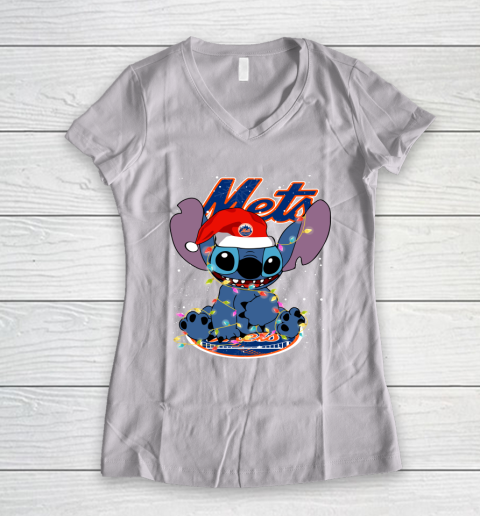 New York Mets MLB noel stitch Baseball Christmas Women's V-Neck T-Shirt