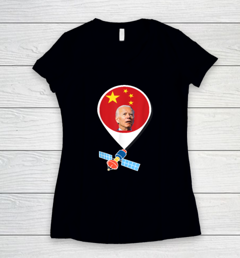Chinese Spy Balloon Funny Surveillance Joe Biden China Flag Women's V-Neck T-Shirt