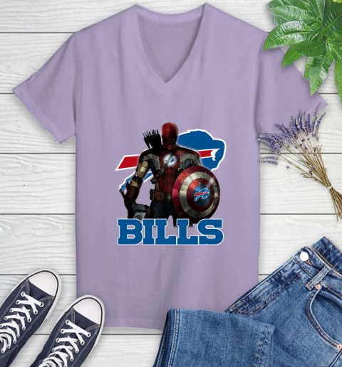 NFL Captain America Thor Spider Man Hawkeye Avengers Endgame Football Buffalo Bills Women's V-Neck T-Shirt 14