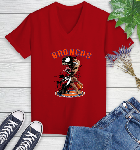NFL Denver Broncos Football Venom Groot Guardians Of The Galaxy Women's V-Neck T-Shirt 12