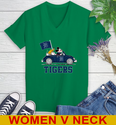 MLB Baseball Detroit Tigers Pluto Mickey Driving Disney Shirt Women's V-Neck T-Shirt 6